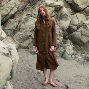Honest Cotton Shell Shirt Dress Button Down Long Sleeve Natural Lagenlook